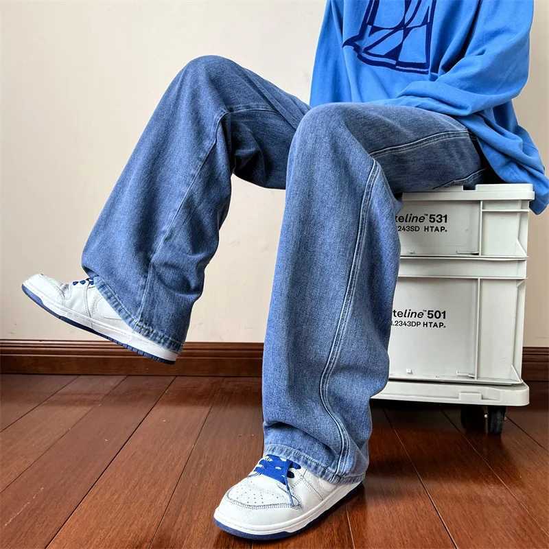 New Korean Fashion Mens Baggy Jeans High Street Man Straight Denim Wideleg Pants Hip Hop Bagy Light Blue Grey Black J251030