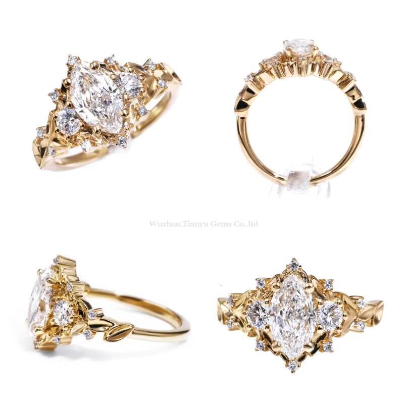 Tianyu Gems Custom Made Marquise 12ct Moissanite Diamond and Round 35mm 14k Yellow Gold Ring for Women Engagement