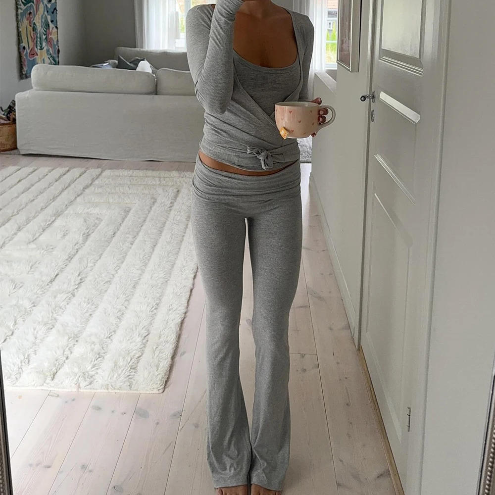 Women Autumn y2k Yoga 2 Piece Outfits Casual Solid Tie up Hem Wrap Long Sleeves Vneck Crop Tops Elastic Flare Pants Tracksuits 251029