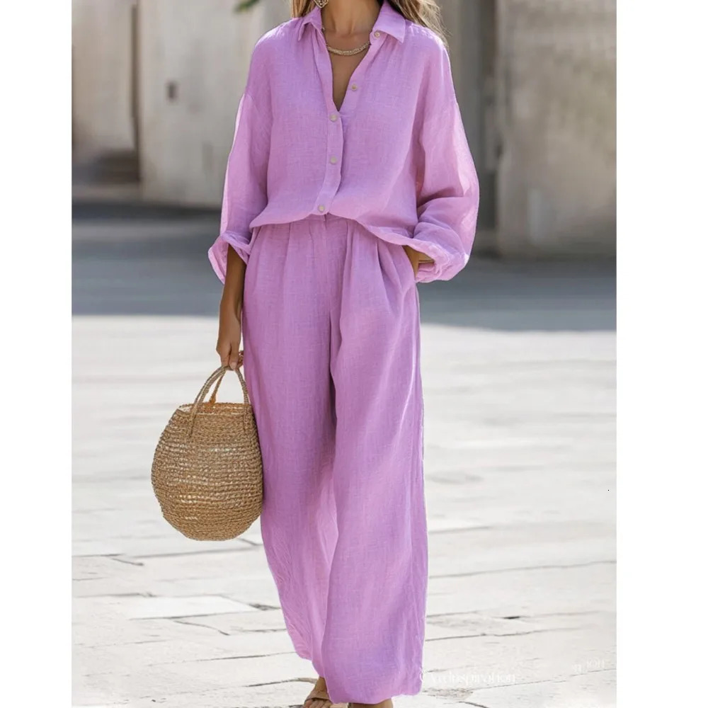 Casual Lapel Longsleeved Shirt Womens Trousers 2piece Set Autumn Fashion Loose Pocket Wideleg Trousers Female Suit 251029