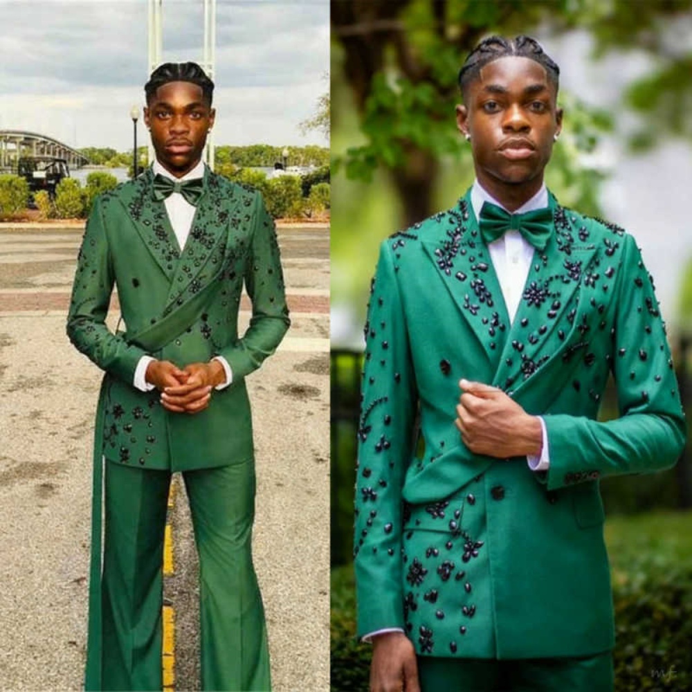 Luxuly Groom Wedding Tuxedos 2 Pieces Slim Fit Jacket Pants Peak Lapel Jewelry Ornament Formal Prom Men Suits Customized