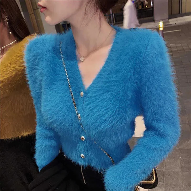 Vintage Cropped Mohair Knitted Cardigan Women V Neck Sweater Coat Streetwear Korean Black White Knitwear Solid Slim Jumpers 251028