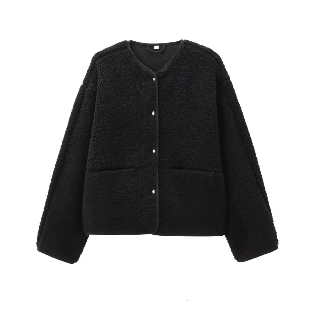 autumn and winter womens loose casual longsleeved round neck solid color comfortable simple fleece jacket 251028