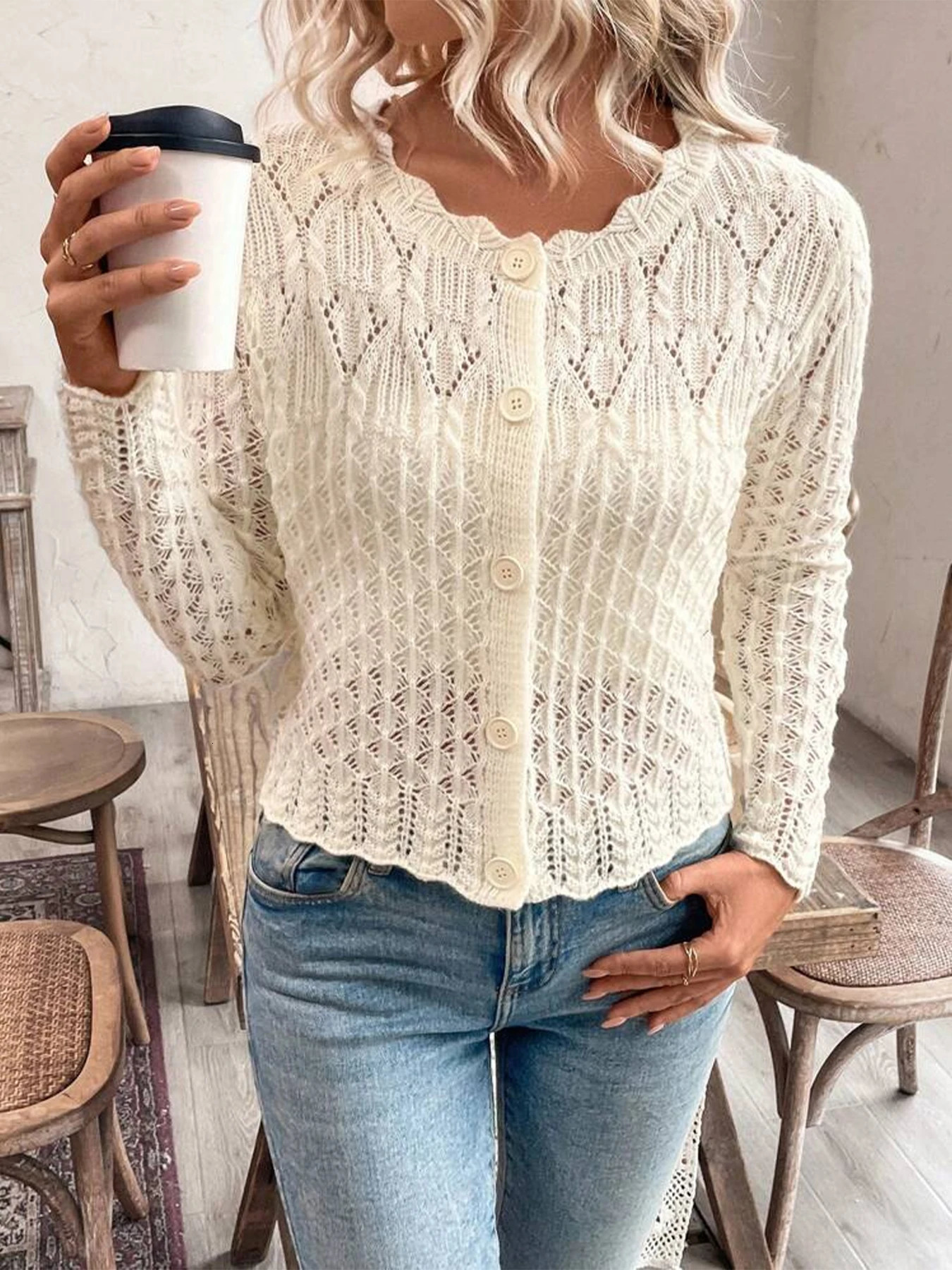 Spring and Autumn Womens Elegant Solid Color Round Neck Hollow Button Front Cardigan Sweater 251029