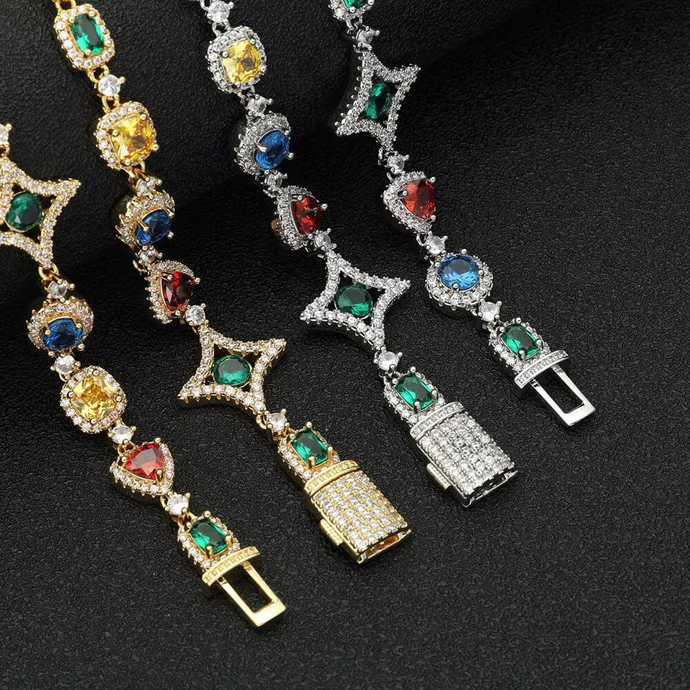 NUOYA Luxury Geometric Link Chain Necklace Colorful moissanite Stones Colored Gemstone Motif Silver Plated Hip Hop Jewelry Designer's style