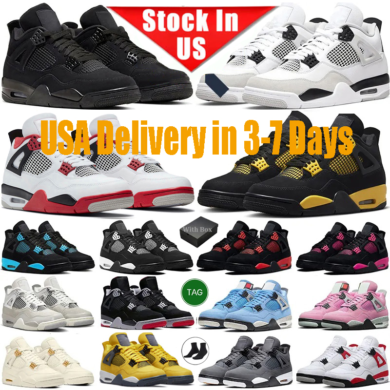 USA Warehouse Designer 4s Basketball Shoes 4 Mens Women Sport Trainers Sneakers j4 Black Cat Bred Sail Red Cement Yellow Thunder White Oreo Cool Grey University
