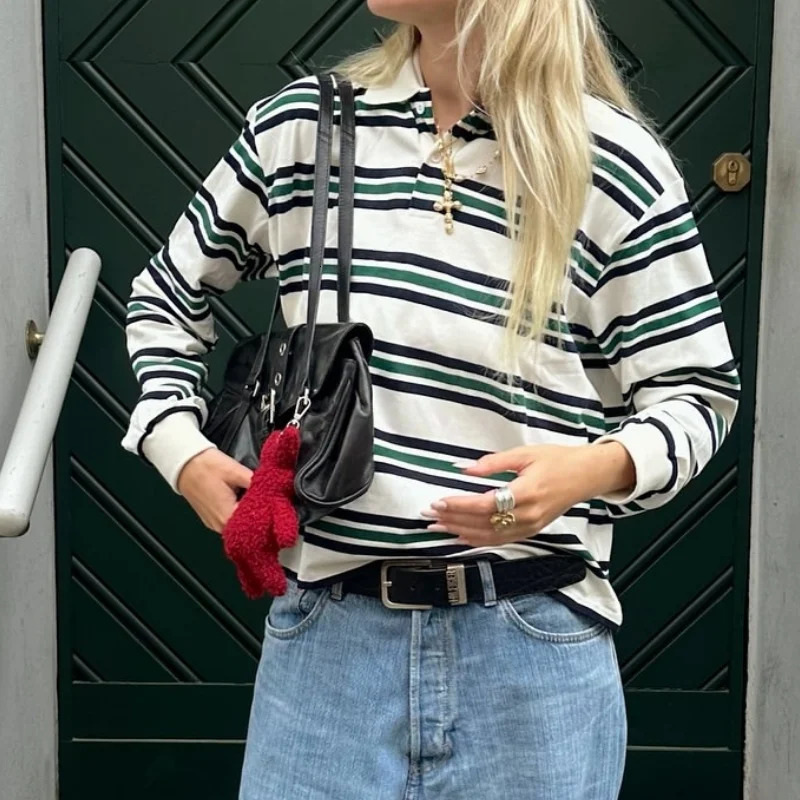 Women Striped Rugby Shirt Lapel Collar Vintage Oversize Long Sleeve Pullover Y2k Tee Casual Sweatshirts 251030
