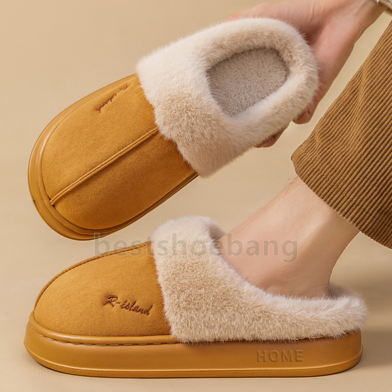 designer slippers warm winter couples fuzzy cotton slip-ons slides flats fashion brown gray pink plush house shoes size 36-41