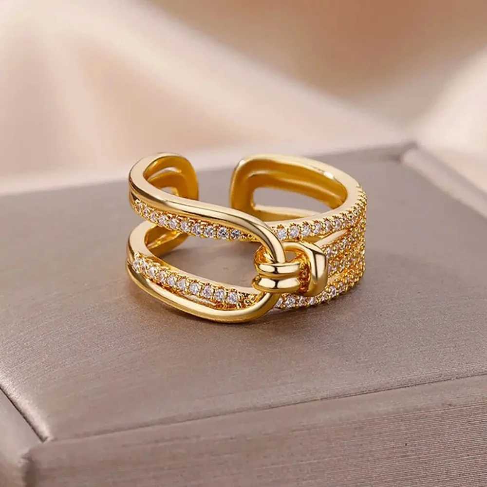 Luxury Double Layers Zircon Rings for Women Gold Plated Opening Stainless Steel Ring 2023 Trend Aesthetic Party Wedding JewelryW251030
