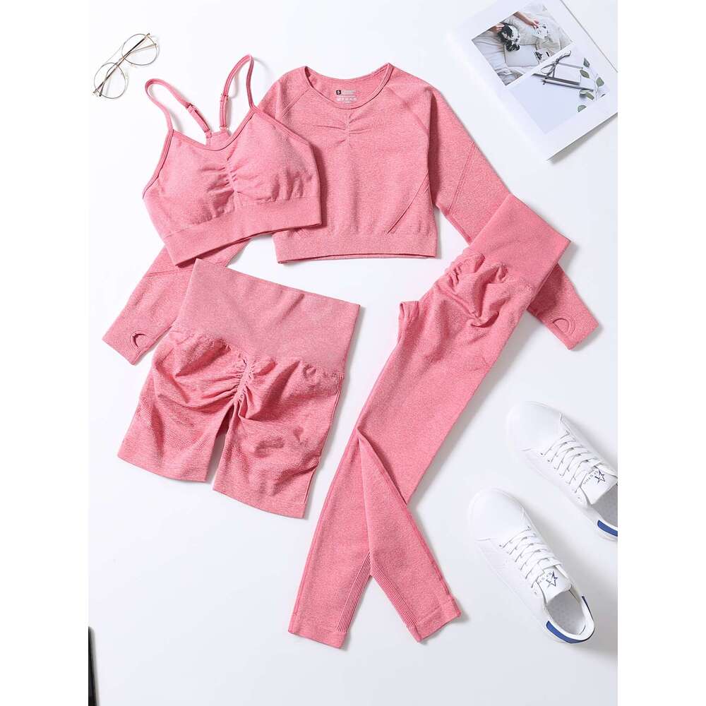 Smiling Face Style Workout Outfits for Women 4pcs Ribbed Seamless Crop Tank High Waist Yoga Leggings Sets