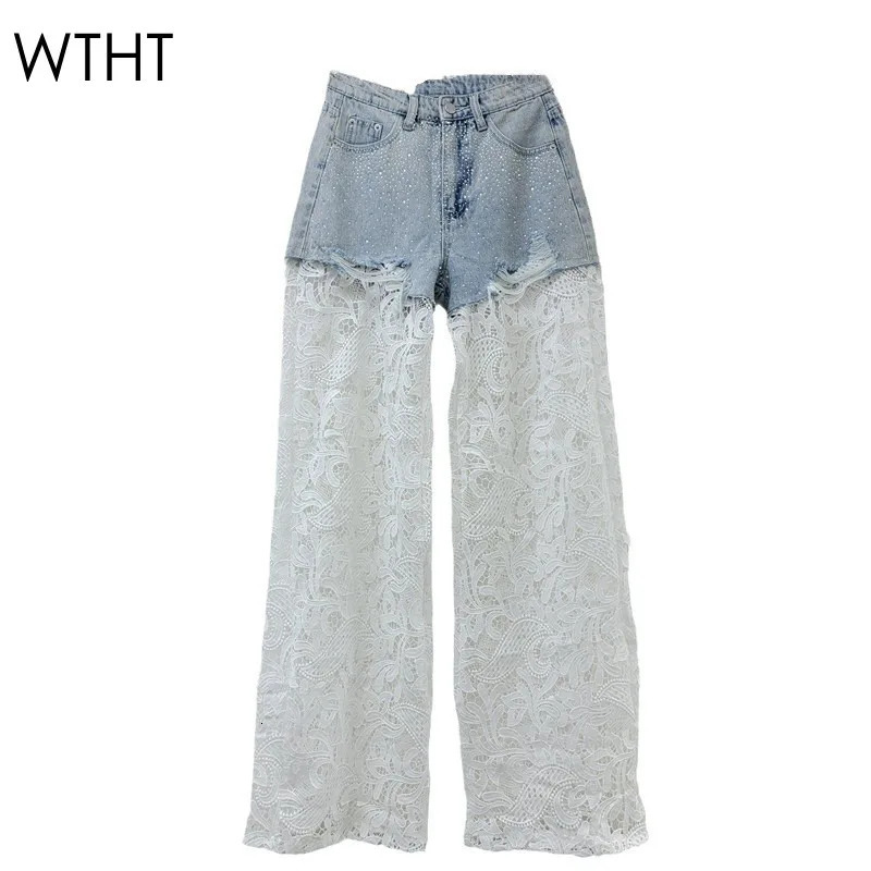 WTHT Fashion Womens Diamonds Patchwork Lace Casual Jeans Winter Trendy High Waist Straight Denim Pants Female 1LS479 251029