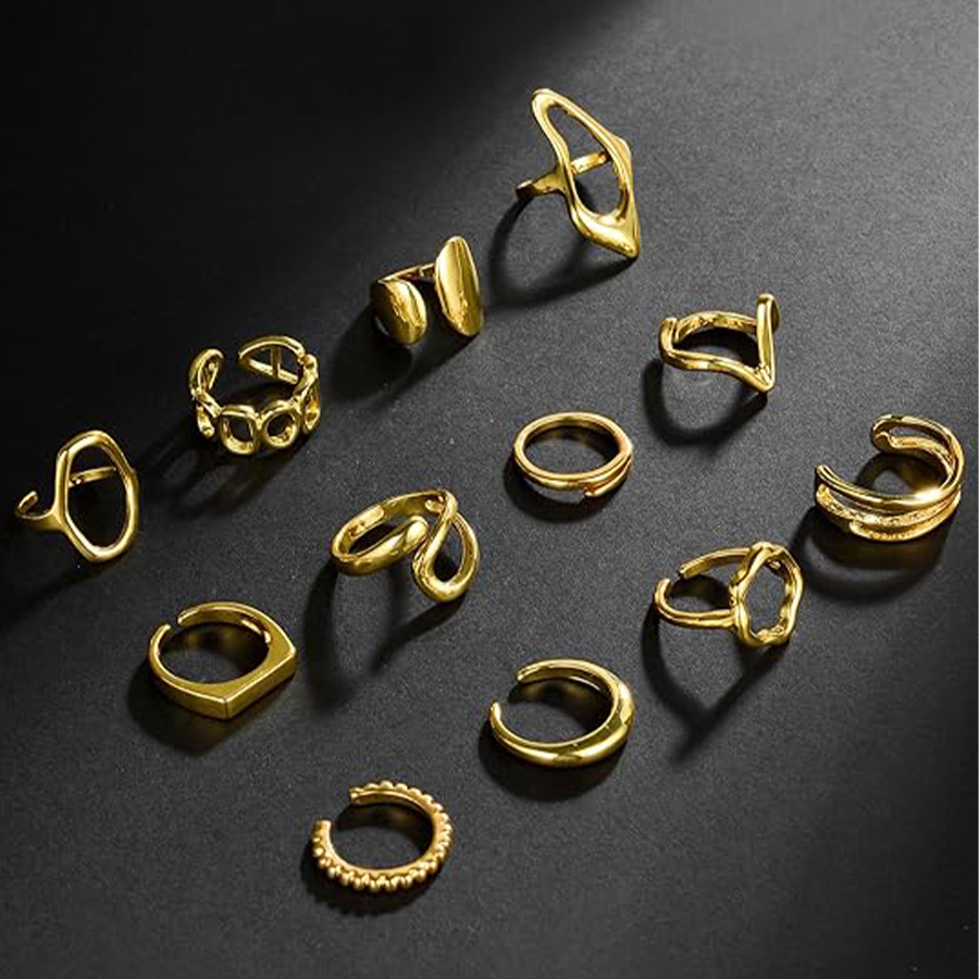 12Pcs Gold Stackable Rings 18K Gold Plated Chunky Knuckle Finger Ring Geometric Bead Cloud Wave Flower Hollow Statement Bands Signet Open Rings Adjust