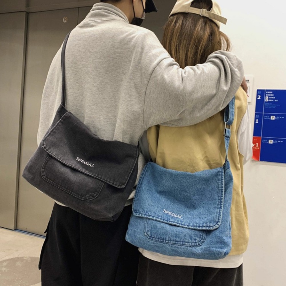 College Essential Stylish Denim Sling Pack with Tactile Design Elements