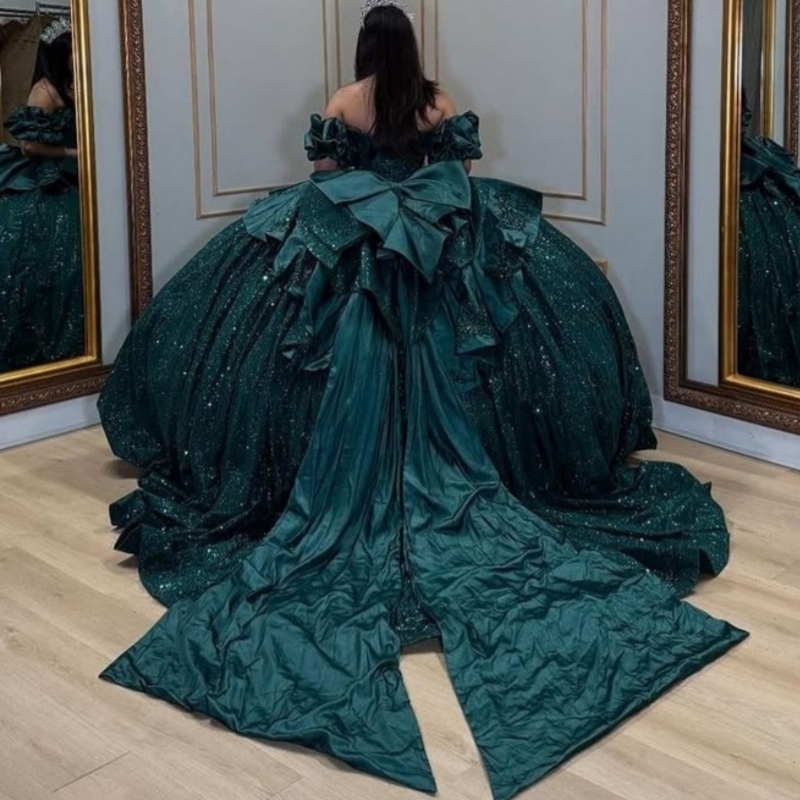 Dark Green Shiny Quinceanera Dresses Off The Shoulder Applique Lace Beading Crystal Bow Tull Party Birthday Sweet 16 Dress Vestidos 15 Anos