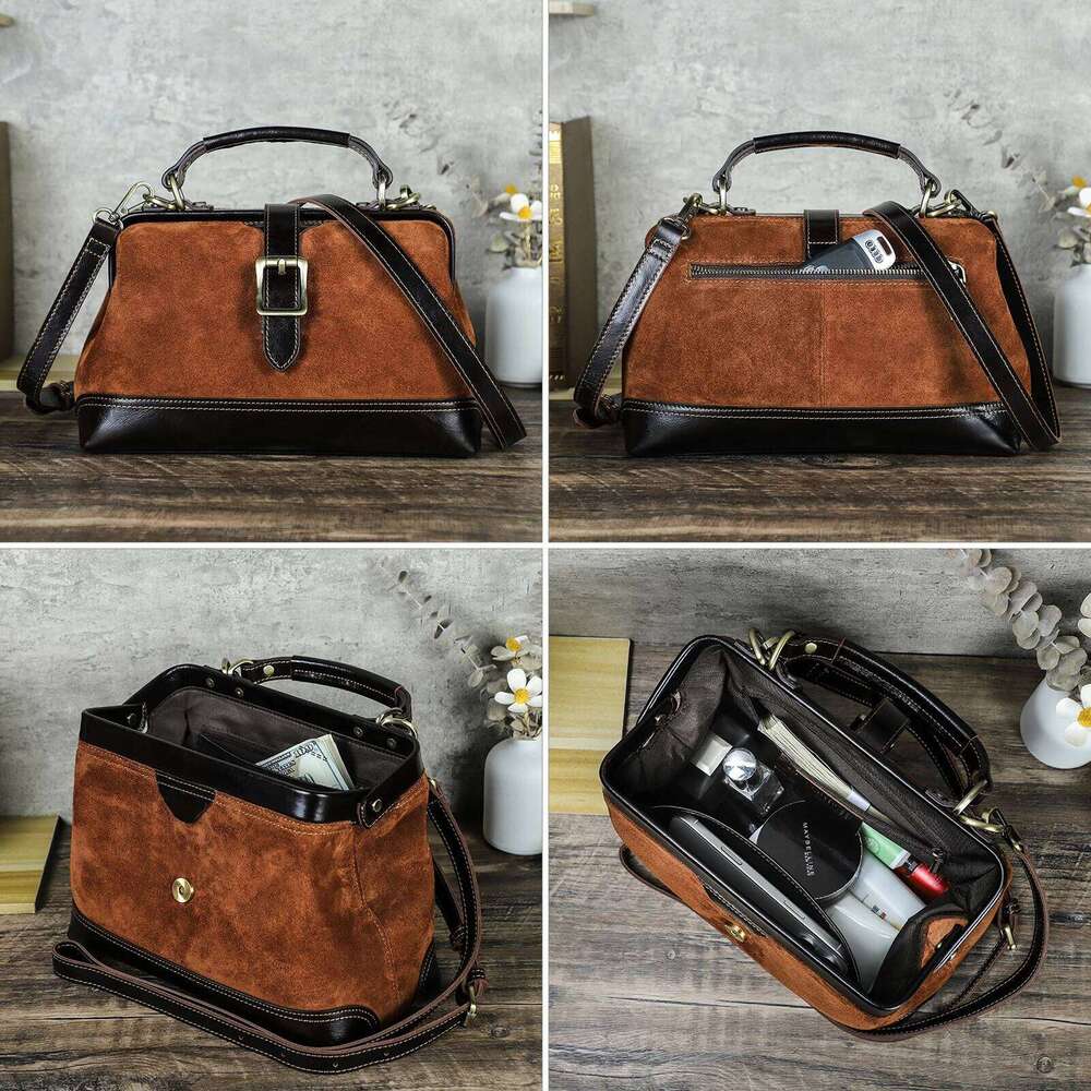 Contact's Genuine Suede Leather Handbag For Women Sling Shoulder Metal Frame Crossbody Bag Tote Doctor Bags Office Ladies