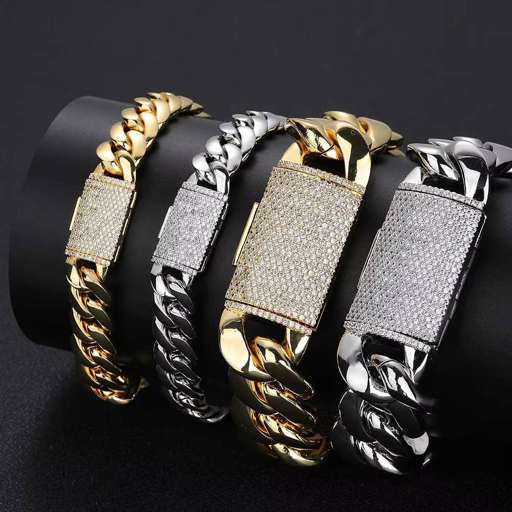 Wholesale 18K Gold Plated Brass Cuban Chain Bracelet Heavy Solid Miami Cuban Link Hip Hop Diamond Clasp for Women Designer's style