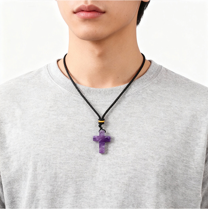 Natural Gemstone Cross Pendant Necklace, 22x30mm Crucifix with Adjustable Black Rope Chain, Religious Gift for Women Men, Unisex Healing Crystal Jewel