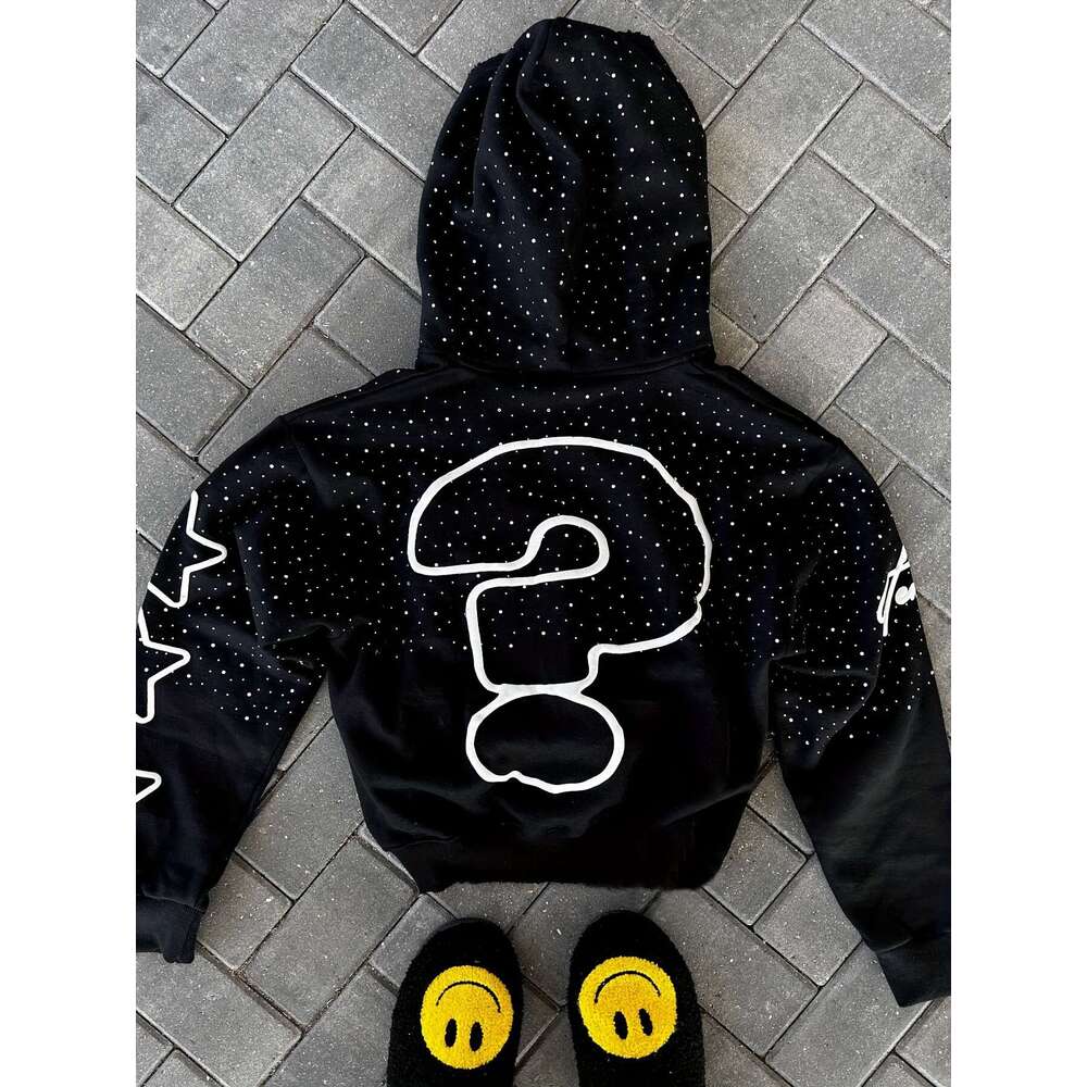 Men's Streetwear Rhinestone "Who Cares Get Some Money" Graphic, Hip Hop Full-Zip Sweatshirt With Pockets, Black & White Lettering, Fall