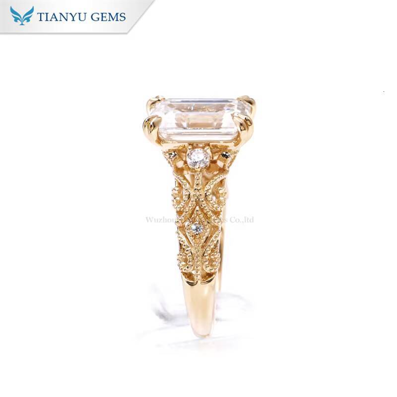 Tianyu Hollow Pattern 65x10mm Emerald Cut D VVS Moissanite Diamond Custom Jewelry 10K 14K 18K Charming Solid Gold Rings