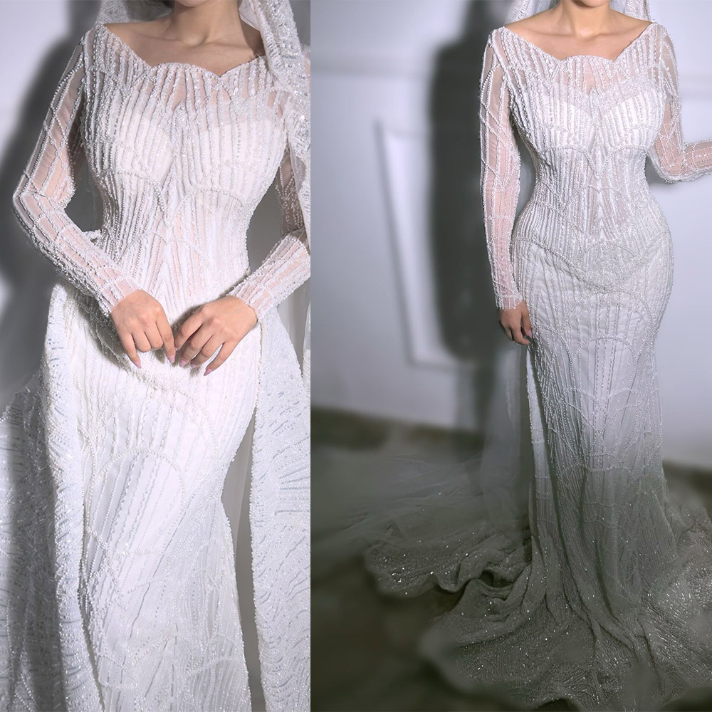 Luxury Mermaid Wedding Dress Jewel Neck Long Sleeves Bridal Gowns Sequins Beaded Detachable Train Dresses Custom Made vestidos de novia