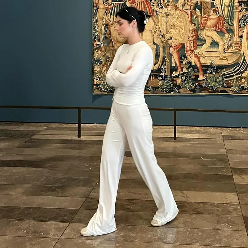 Basic Wide Leg Pants Leisure Suit Women Spring Solid Long Sleeve Top Casual Loose Trousers 2 Piece Set tie Streetwear 251029