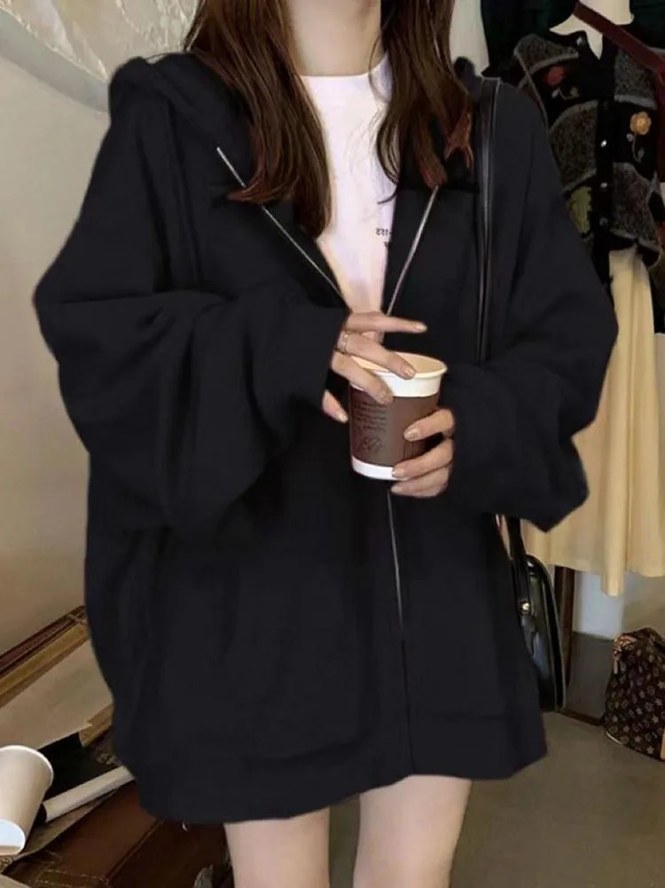 Oversize Womens Sweatshirts Autumn Casual Korean Long Sleeve Hooded Zipup Y2k Hoodies Streetwear Harajuku Female Clothes Black 251030