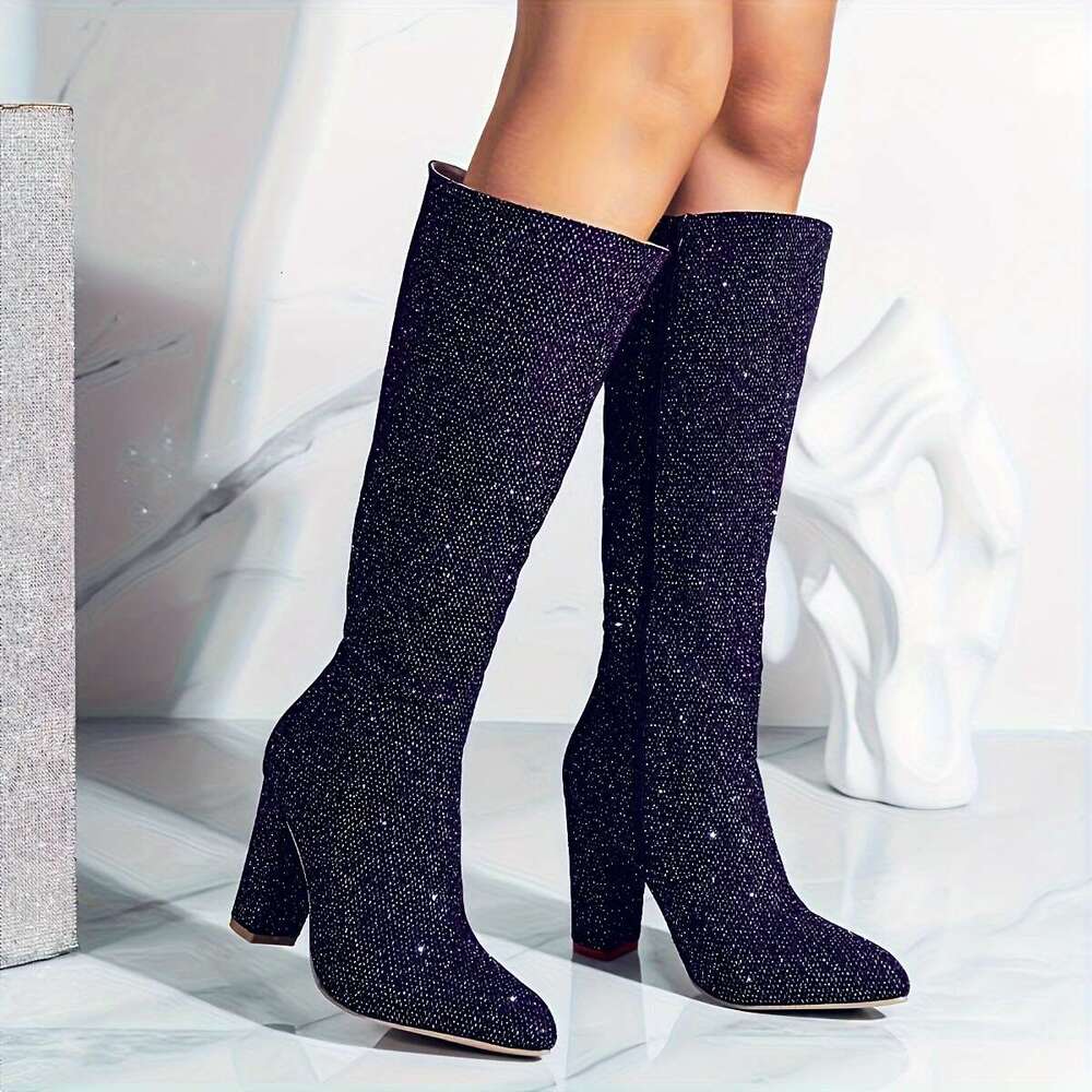 Women's Ultra-High Block Heel Pointed Toe Riding Thick Platform Winter With Side Zipper, Shiny Synthetic Glossy Faux Upper, Cushioned & PVC Sole 