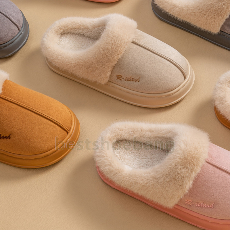 designer slippers warm winter couples fuzzy cotton slip-ons slides flats fashion brown gray pink plush house shoes size 36-41