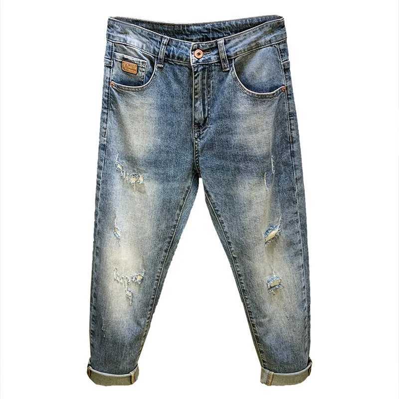 Nine point ripped denim jeans for men in the summer of 2025 thin and trendy brand retro washed narrow leg elastic denim pants J251030