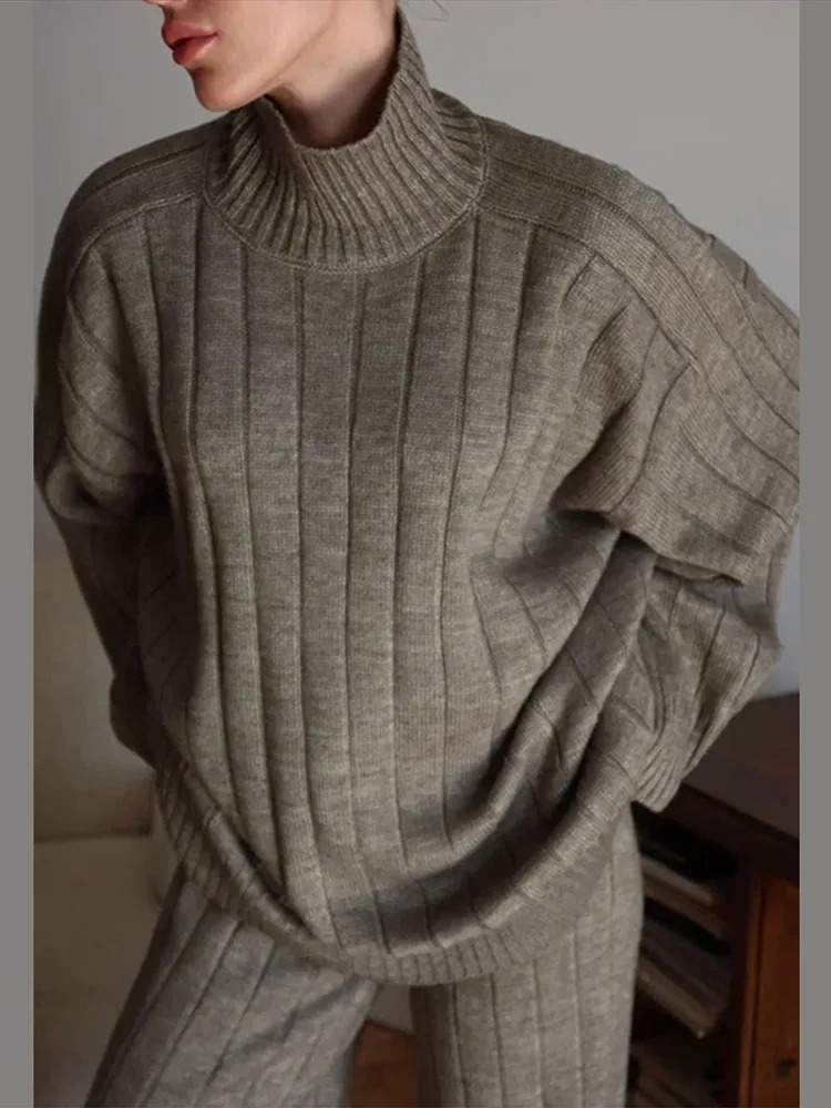 Casual Loose Women Knitted Pant Suits Full Sleeve TurtleNeck Solid Sweater Lady Set Autumn Winter 2 Pieces Set Female 251028