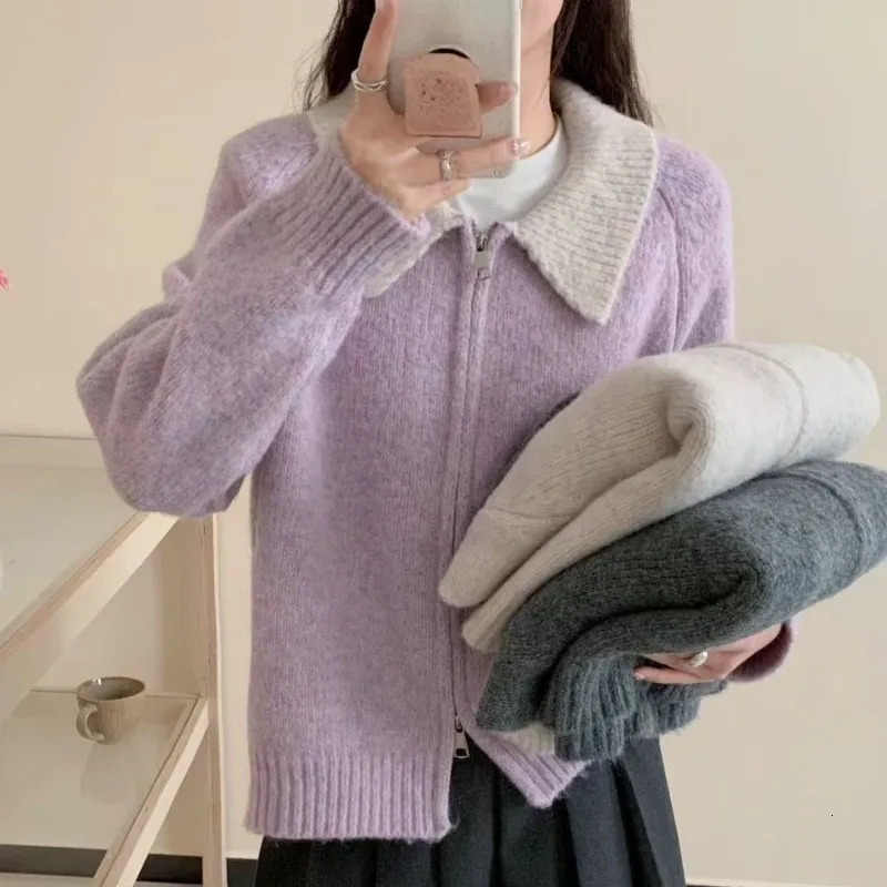 Women Clothes Autumn Winter Fashion Korean Simplicity Zipper Color Blocking Knitting Polo Collar Female Appear Thin Sweater Coat 251029