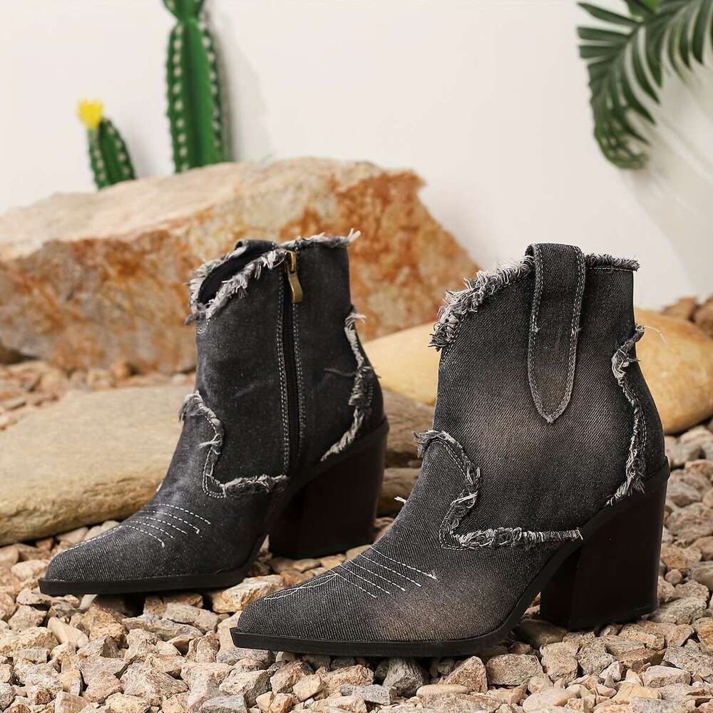 2025 New Fashion Block Heel Pointed Toe Ankle Boots, Vintage Western, Ultrahigh Heel, Solid Color, Fabric Upper, Synthetic Insole, Rubber Sole, Zipper