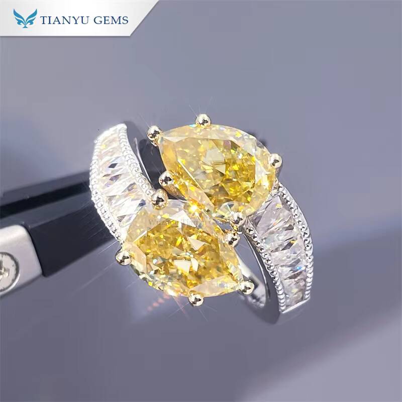 Tianyu Gems 7X10mm Pear Cut Vivid Yellow Moissanite Ring Toi Et Moi 18k 14k Gold French Cut D Color Stone Engagement Rings Women