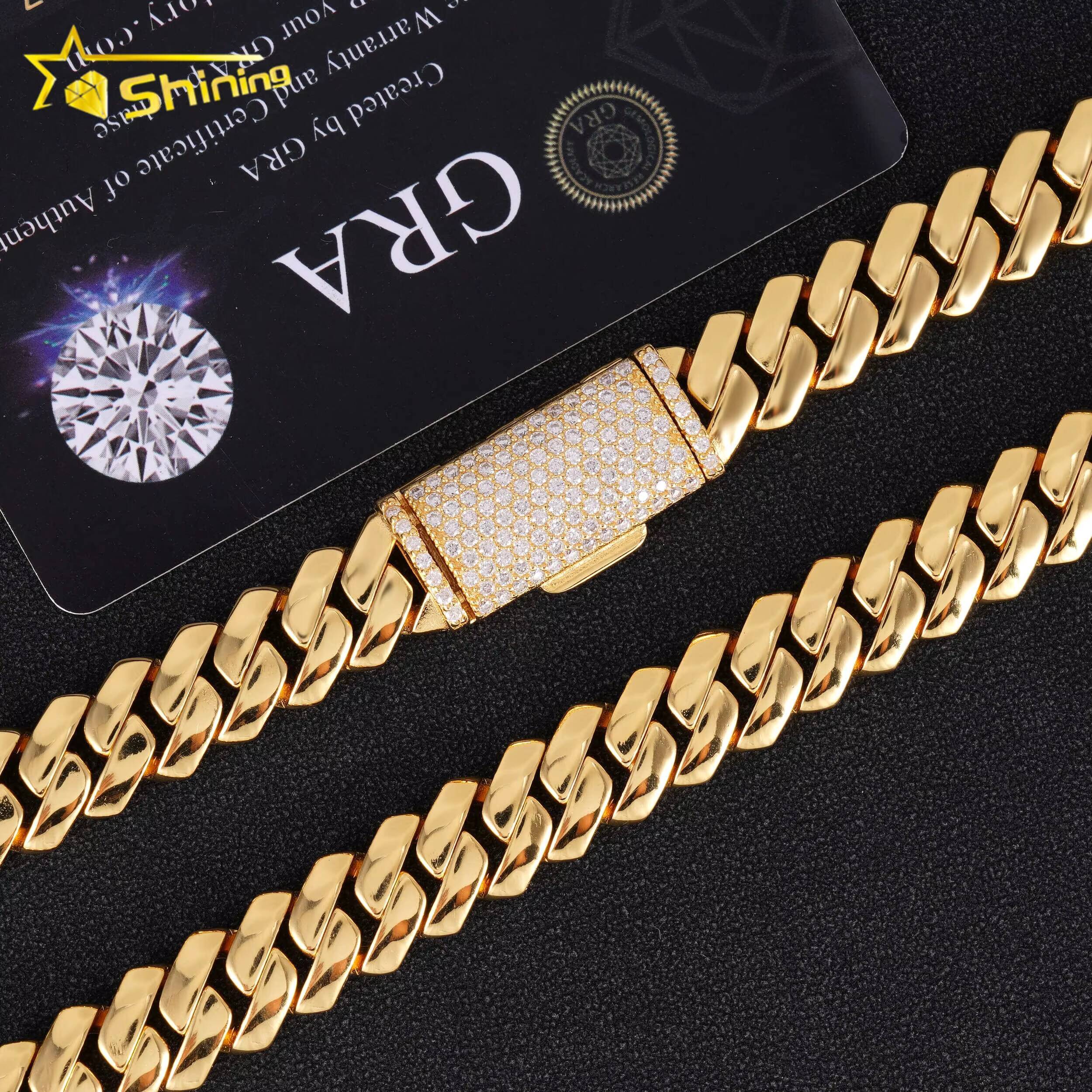 Hip Hop Jewelry Custom Moissanite Lock 12MM 14K Gold Plated Necklace Plain Silver 925 Square Cuban Link Chain