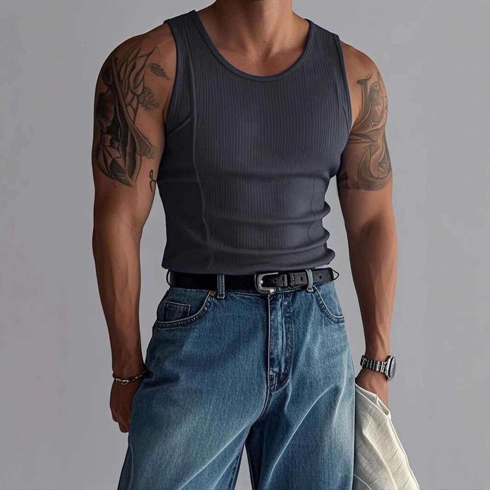 Summer Knitted Vertical Striped Fitness Sports Casual Slim Fit Tank Top Men's Sleeveless Wide Shoulder Vest Men