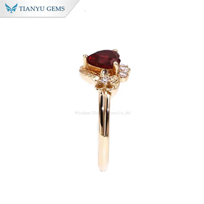 Tianyu Flower Design Love Heart Lab Ruby Side Lab Diamonds Sterling Silver 925 10K 14K 18K Gold Wedding Engagement Rings
