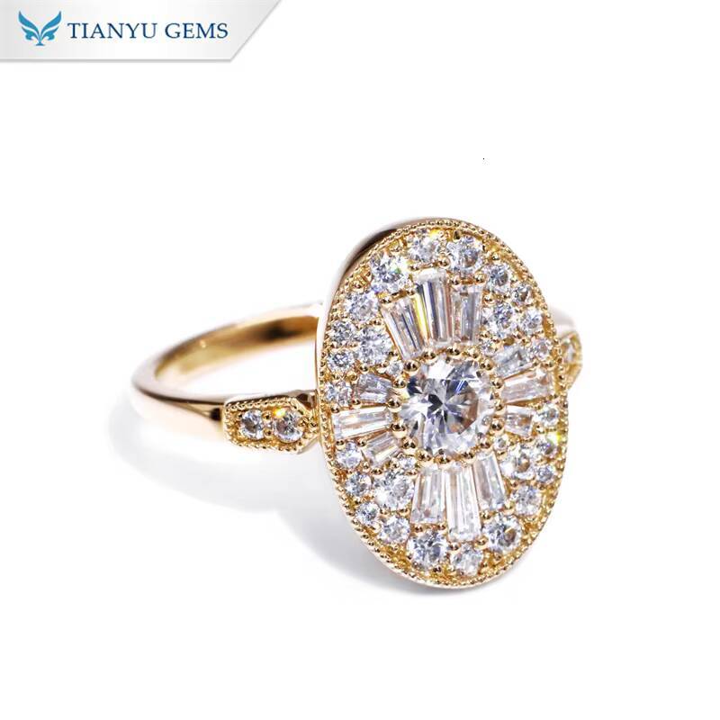 Tianyu Gems 45mm Round and Trapezoid Cut Moissanite 10k14k 18k Yellow Gold Antique Style Jewelry Rings for Women Engagement