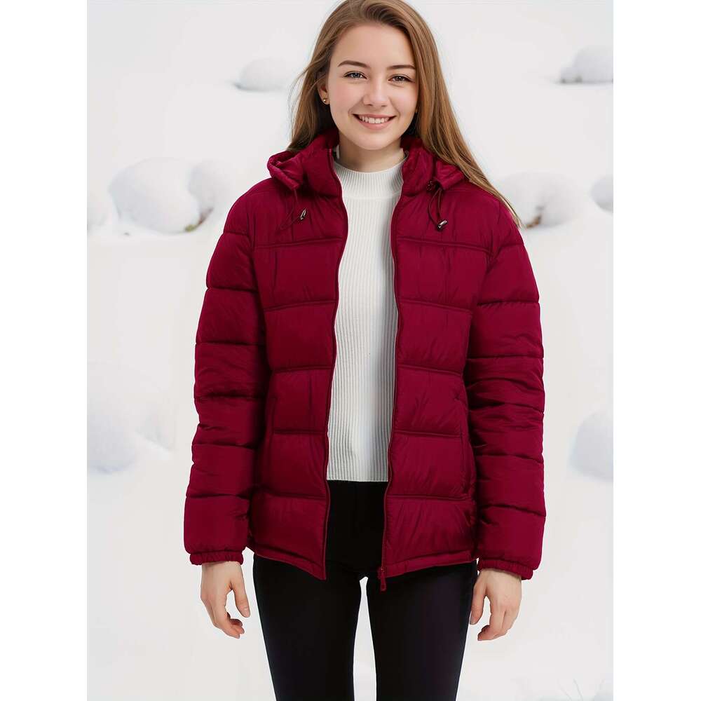 Women S Elegant Casual Long Sleeve Hooded Puffer Jacket Polyester Non Stretch Solid Color With Pockets And Flared Hem