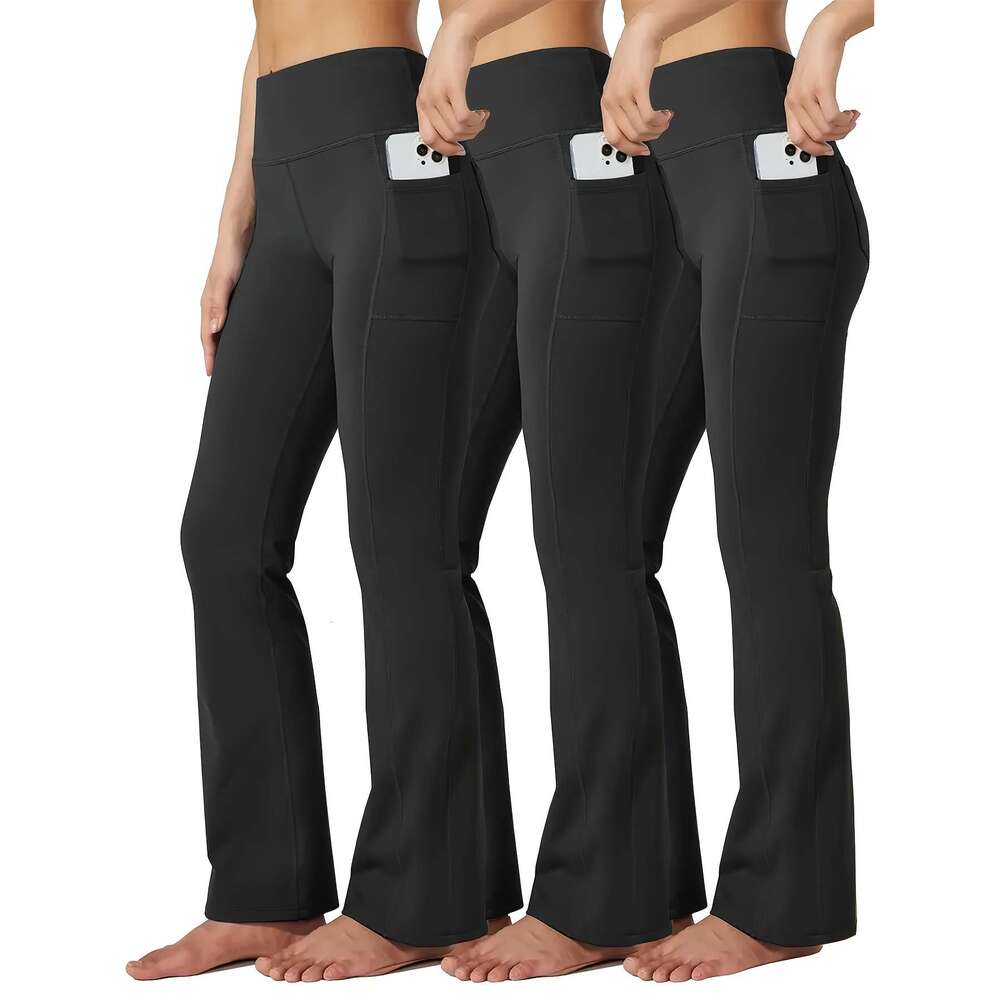 3pcs Women's Plus Size High-Waisted Booty Lift Flared Yoga Pants with Phone Pockets - Full-Length Trousers, Tummy Control Butt Lifting Design, Al