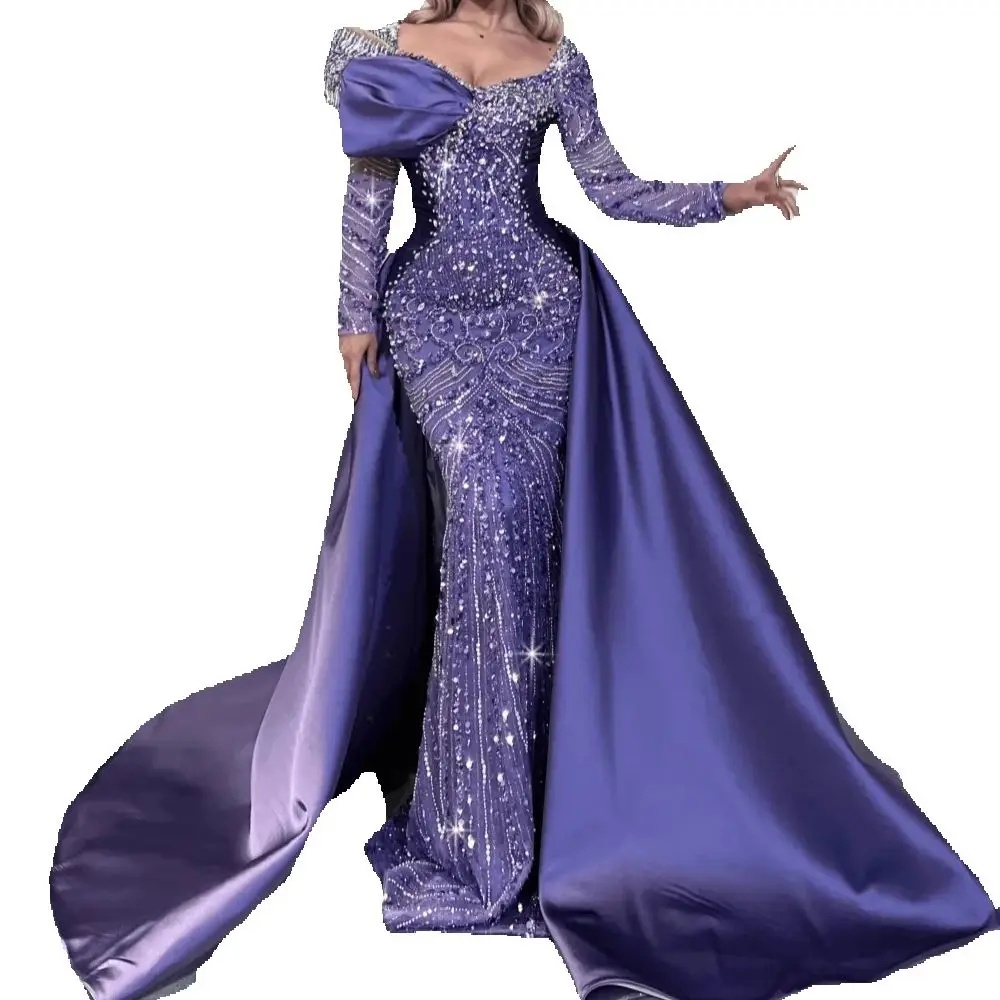 Vintage Beads Sequined Prom Dresses Sexy Crystal Long Sleeve Evening Dress Floor Length Party Gown Customized