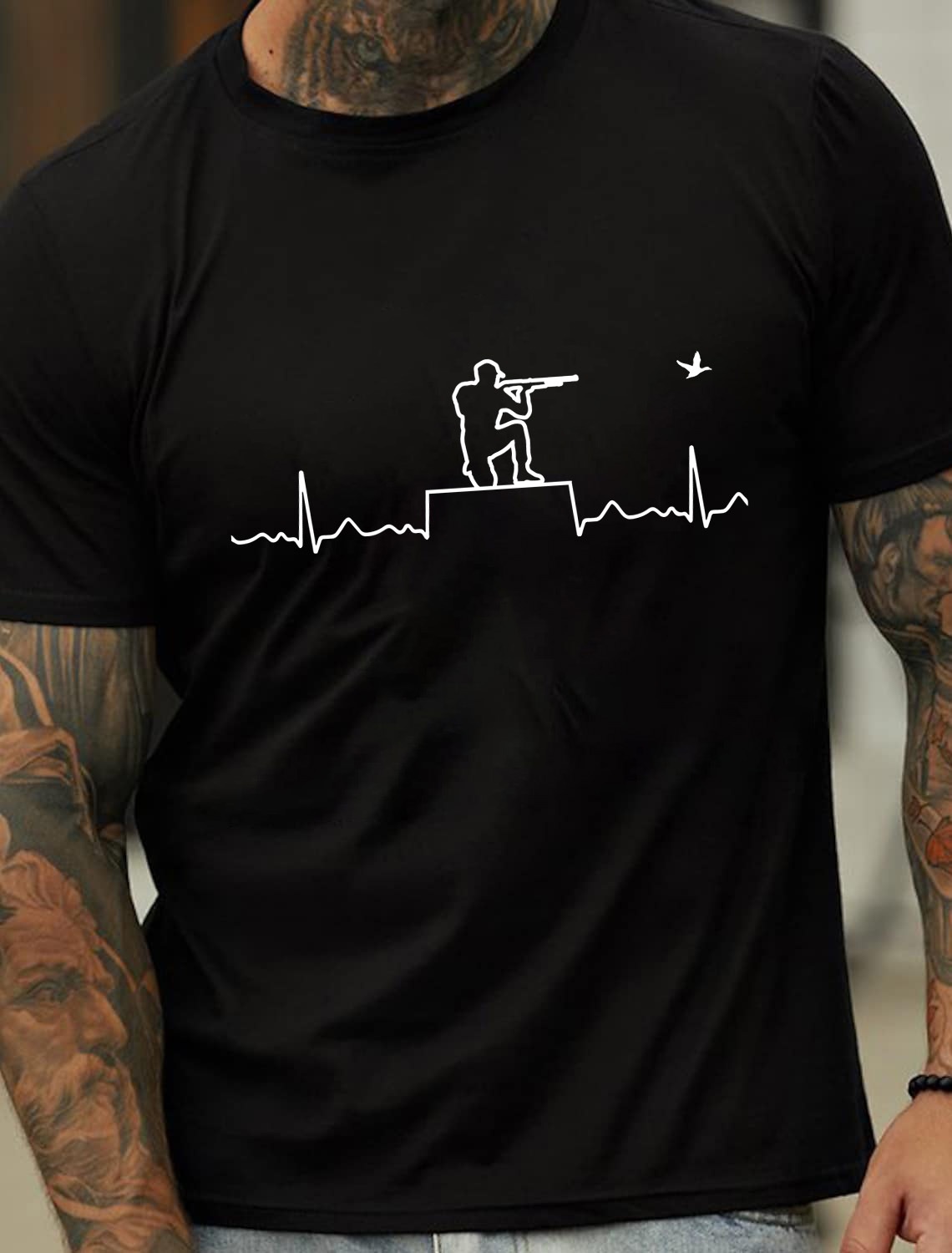 European & American Oversized Hunting Heartbeat Line Print Men's Cotton Summer T-Shirt - TT7082