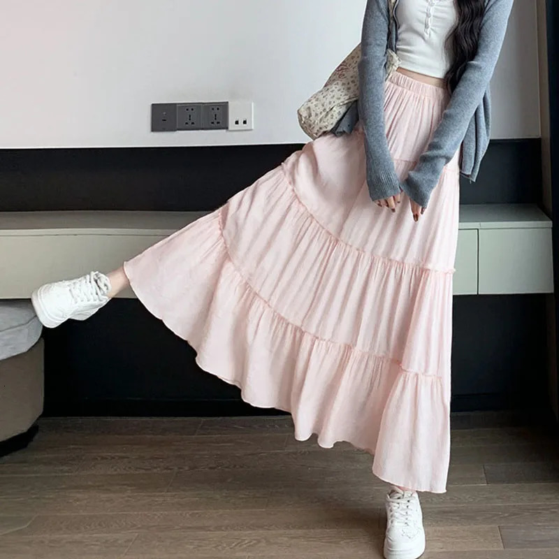 Spring Summer Women Long Skirts Fashion High Waist Elastic Patchwork ALine Skirt Casual AllMatch White Cake Maxi Skirts Female 251028