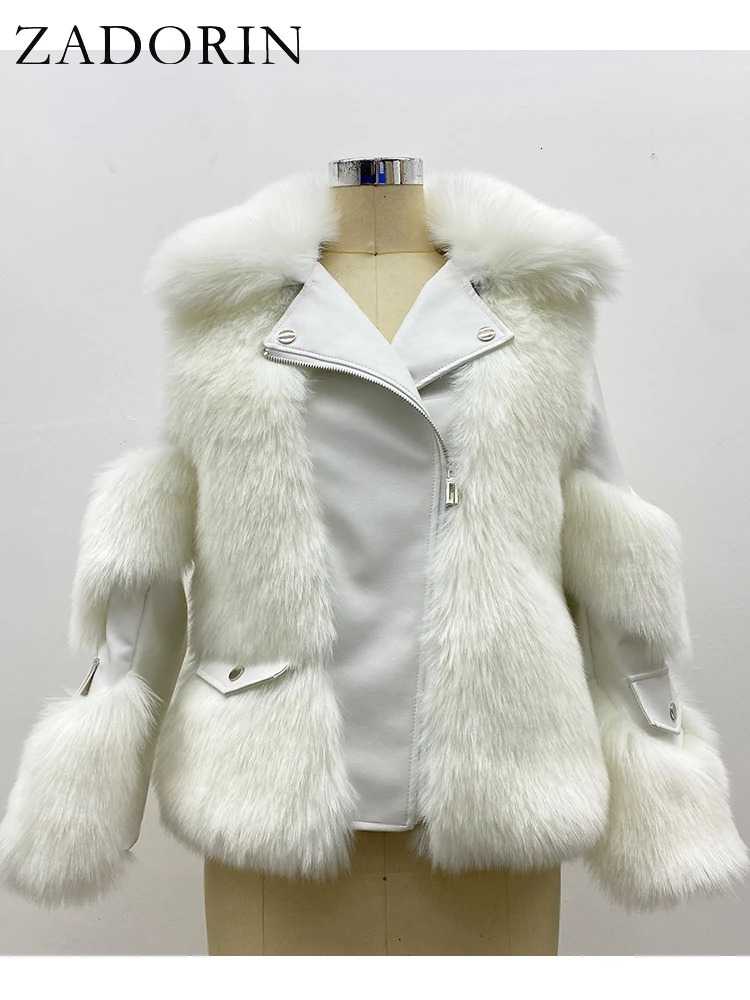 ZADORIN Winter Coats Furry Faux Fur Coat Women Turn Down Collar PU Leather Splicing Warm Lining Jacket 251014