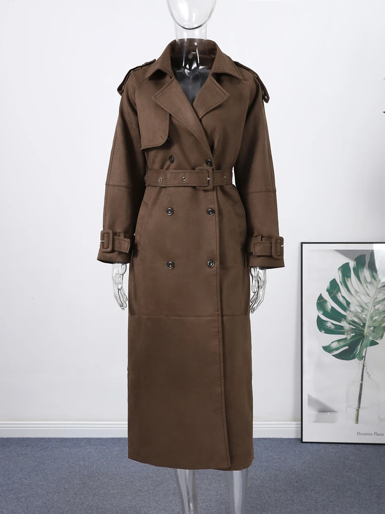 Retro Suede Long Trench Coat With Belt Women Lapel Doublebreasted Jacket With Pockets 2025 Autumn Winter Lady Solid Outwear 251029