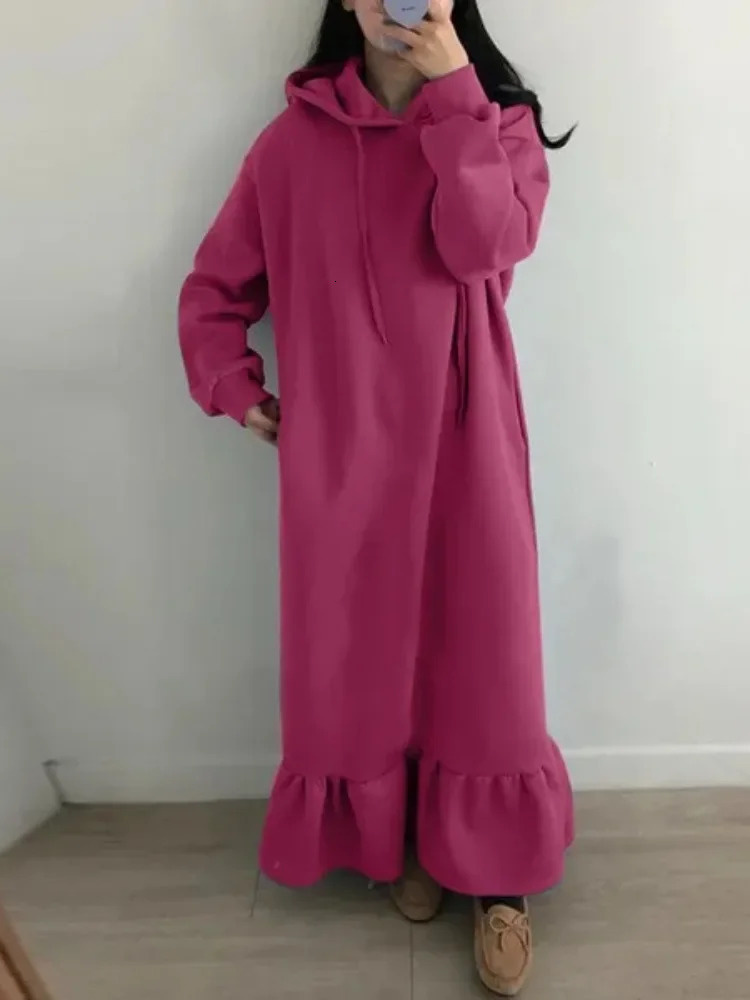 Autumn and Winter Womens Elegant Loose Long Dress Solid Color Hooded Commuting Style Straight Pocket Hoodie 251027