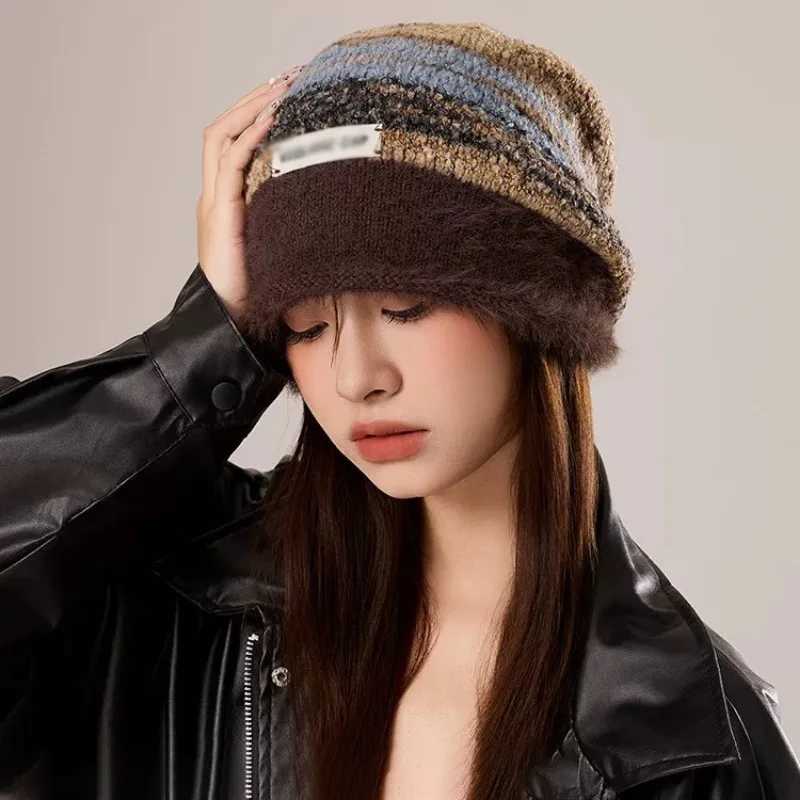 Maillard Fuzzy Warm Beanie Women Stylish Retro Knitted Hat Fall Winter Female Ear Protection Fashion Design Stacked Hat LadiesXJ251030