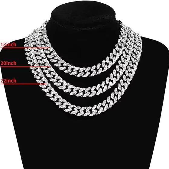 Mens Hip Hop Link Chain Necklace 3mm Diamond Plated Gold Universal Full Diamond Cuban Geometric Pattern European American Style