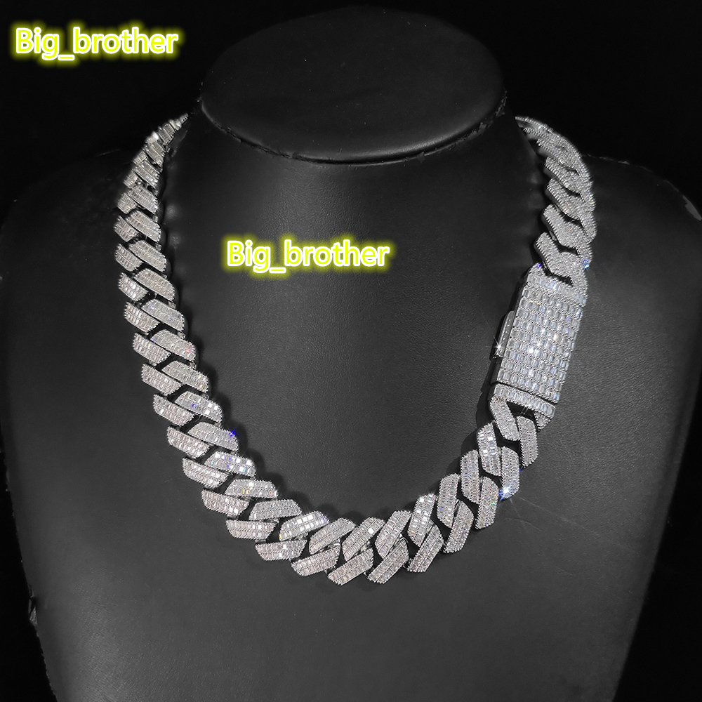 New Style 20mm Baguette Cubic Zirconia Prong Cuban Chain Necklace in White Gold Iced Out Hip Hop Jewelry Cuban Link Chain