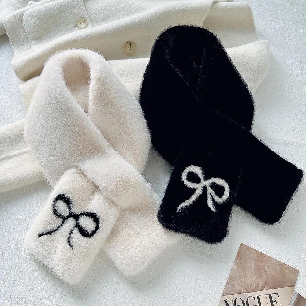 Christmas Gifts Fashion Bow Plush Fur Scarf Faux Rabbit Fur Plush Thicken Neck Scarf Cold Protection Soft Cross Scarf Women 251023