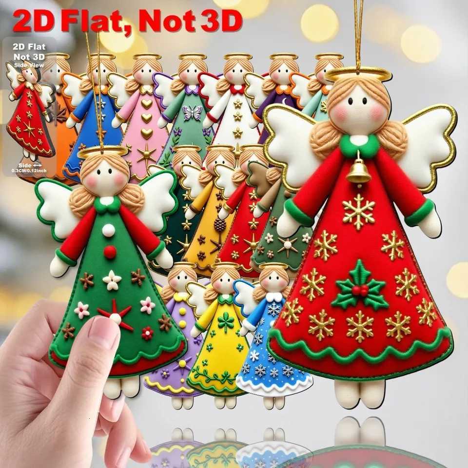 16pcs Artificial Wood Angel Ornaments with Golden Star Ribbon Bows 2D Flat Pendants for Christmas Thanksgiving New Year Decor C251030
